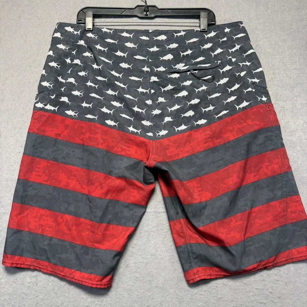 Pelagic Sharkskin Board Shorts Mens 40x12 Red Grey American Flag Fish Fishing